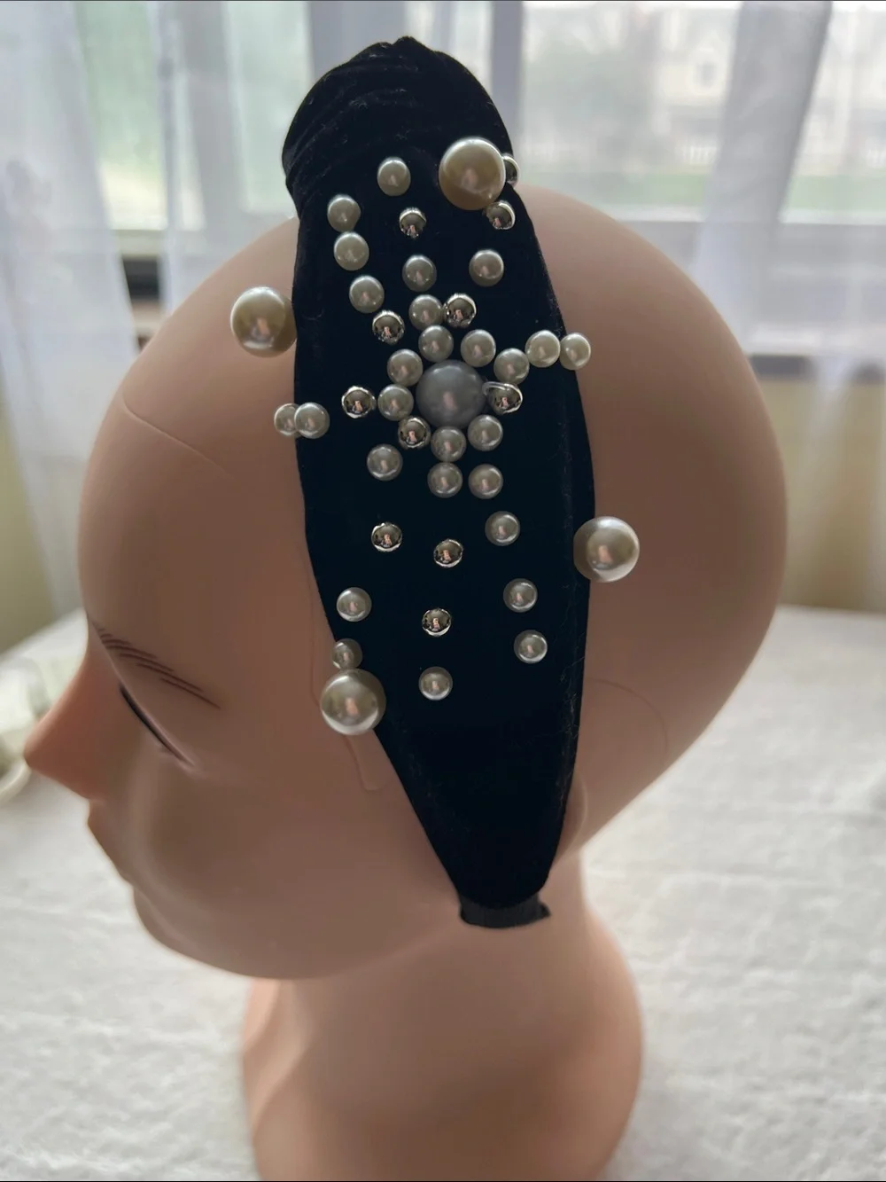 Natasha Couture Black Velvet Pearl Rhinestone Knotted Headband Embellished